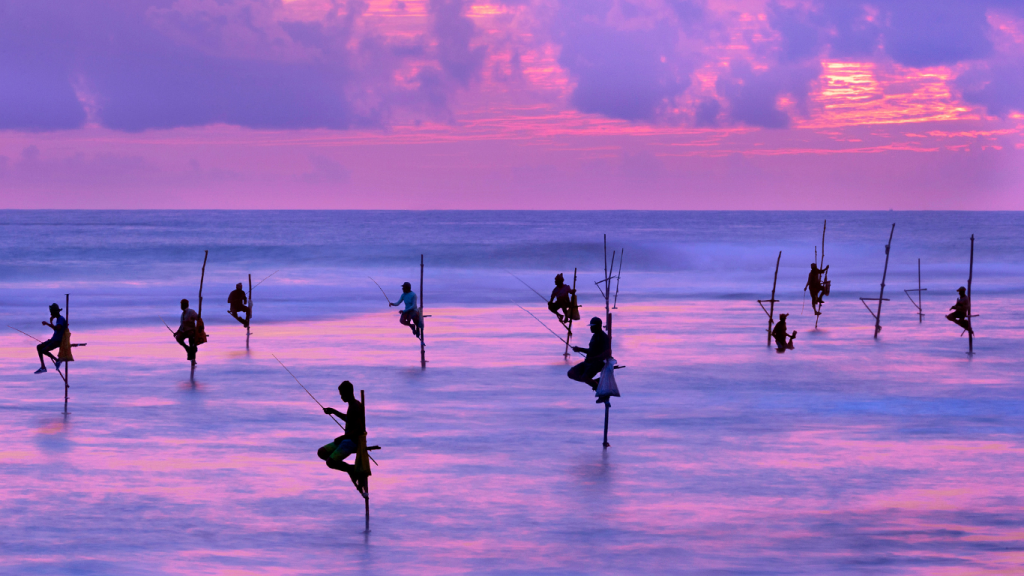 Traditional stilt fishing along the picturesque southern beaches of Sri Lanka "Experience traditional stilt fishing on the picturesque southern beaches of Sri Lanka, a captivating adventure for adventurous travelers."