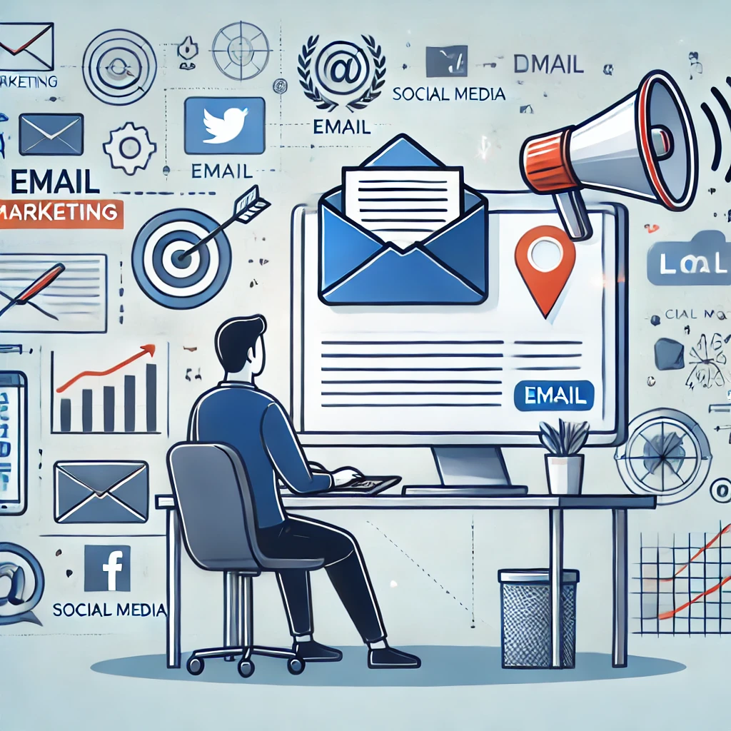It visually conveys the concept with elements like email campaigns, digital tools, and data analytics. 