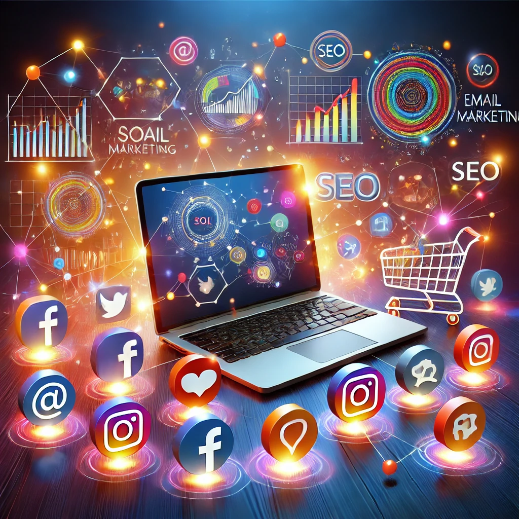 The illustration showcases the concept of digital marketing with a laptop displaying analytics charts, surrounded by social media icons (Facebook, Instagram, Twitter), SEO elements, email marketing symbols, and shopping carts. These elements are connected by a glowing network of lines, symbolizing the power of online marketing in driving business growth and engagement.