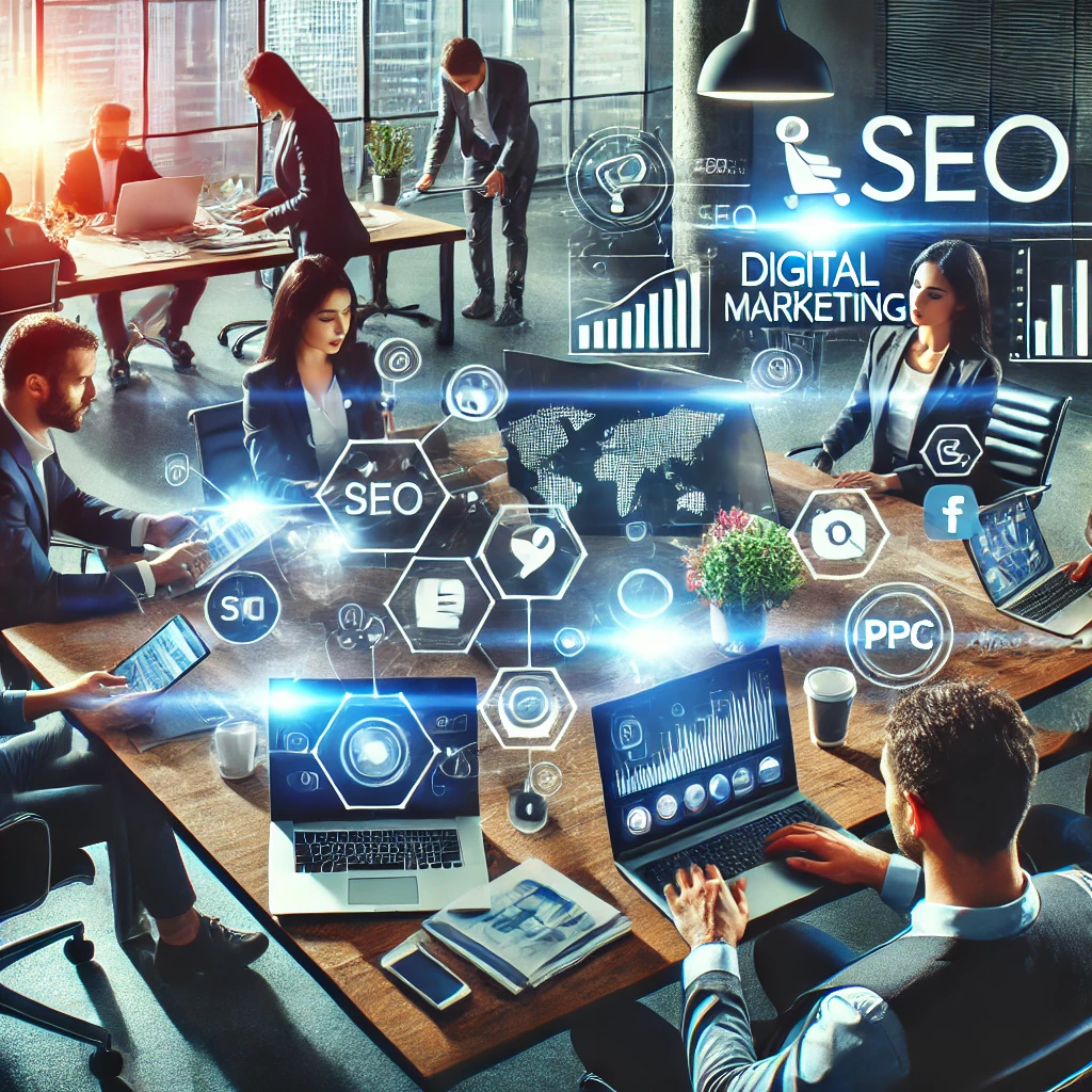 the image depicting a modern office environment focused on boosting business through digital marketing. It captures the dynamic collaboration among a business team using digital devices, with key digital marketing elements visible.